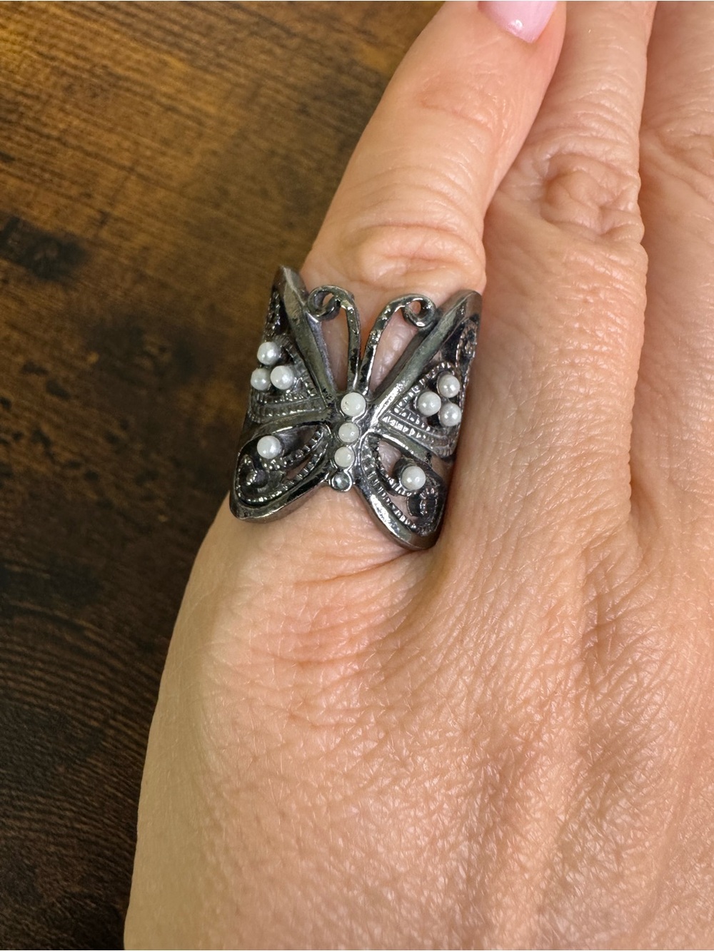 Silver-Tone Butterfly Ring with White Accents